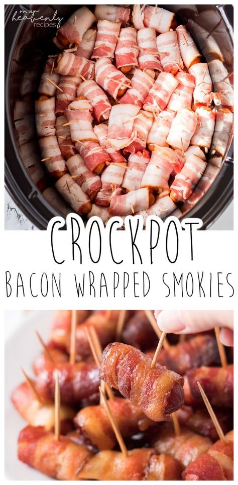 Crockpot Party Food, Wrapped Smokies, Bacon Wrapped Smokies, Little Smokies, Slow Cooker Bacon, Crostini Appetizers, Crockpot Appetizers, Appetizers Easy Finger Food, Finger Foods Easy