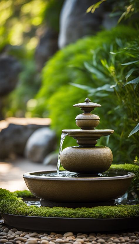 Japanese Zen water fountain - AI creation Japanese Water Fountain, Zen Water Fountain, Zen Living, Japanese Garden Landscape, Japanese Water, Hygge Lifestyle, Japanese Zen, Water Fountains, Zen Garden