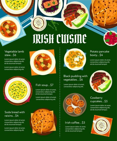 Irish cuisine vector menu with Ireland food meals Dublin Ireland Food, Irish Culture Aesthetic, Irish Cafe, Cultural Recipes, Ireland Food, Tshirts Ideas, Irish Cuisine, Irish Stew, Irish Food