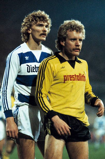 MSV Duisburg 1 B Dortmund 0 in Dec 1979 at Wedau Stadion. Paul Steiner marks Werner Schneider in the Bundesliga clash. Varsity Jacket, 1970s, Sports Jersey, Football, Sports, American Football, Dortmund