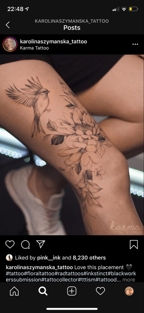 Side Upper Leg Tattoo Women, Floral Tattoo Around Knee, Thick Thigh Tattoo Women, Big Leg Piece Tattoo, Above The Knee Flower Tattoo, Flower Above Knee Tattoo, Women Lower Leg Tattoo, Thigh And Knee Tattoo, Words Above Knee Tattoos Women