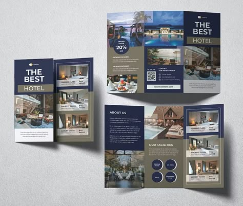 Hotel Trifold Brochure Template InDesign INDD - A4 US Letter Size - 2 Pages Brochure For Hotel, Hotel Pamphlet Design, Hotel Brochure Design Layout, Resort Brochure Design, Hotel Brochure Design, Brochure Food, Brochure Examples, Teaching Graphic Design, Hotel Inn