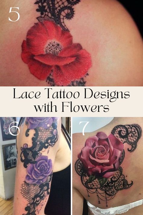 Delicate Flower and Lace Tattoo Designs + Ideas - TattooGlee Flower And Lace Tattoo, Lace Rose Tattoos, Lace Flower Tattoos, Lace Shoulder Tattoo, Black Lace Tattoo, Lace Sleeve Tattoos, Violet Flower Tattoos, Realistic Flower Tattoo, Rose And Butterfly Tattoo