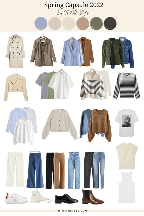 Spring 2022 Capsule Wardrobe - OT With Style Neutral Colored Wardrobe, Basic Pastel Outfit, Neutral Capsule Wardrobe Spring, Neutral Wardrobe Outfits Minimalist, Elevated Basics Wardrobe, Simple Chic Outfits Winter, Capsule Wardrobe Palette, Classic Color Palette Fashion, Pastel And Neutral Color Palette