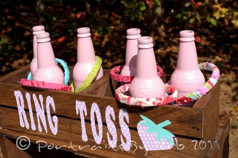 old fashioned ring toss: spraypaint bottles, DIY crate and fabric-wrapped bracelets for rings Sheriff Callie Birthday, Strawberry Shortcake Birthday, Rodeo Party, Horse Birthday Parties, Strawberry Shortcake Party, Western Birthday, Rodeo Birthday, Cowgirl Birthday Party, Games Party