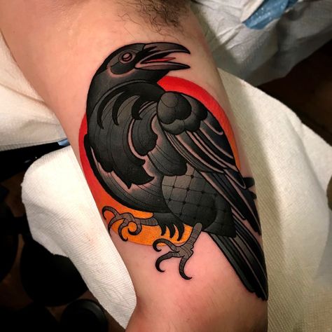 raven tattoo by dave wah at stay humble tattoo company in baltimore maryland the best tattoo shop and artist in baltimore maryland Stay Humble Tattoo, Humble Tattoo, Rabe Tattoo, Crow Tattoo Design, Tato Henna, Crow Tattoo, Raven Tattoo, Tattoo Desings, Traditional Tattoo Art