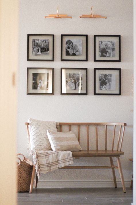 #cozyhome #cozyhomedecor #entryway #entrywaydecor #entrywayideas #entrywaybench #foyerdecor #entrywaydesign #gallerywallideas #galleryart Entryway Bench And Picture Wall, Gallery Wall Above Bench Entryway, Bench With Gallery Wall, Pictures Above Bench, Decor Above Bench, Photo Wall With Bench, Entry Bench And Shelf Above, Bench On Stair Landing, Entryway Bench With Photos