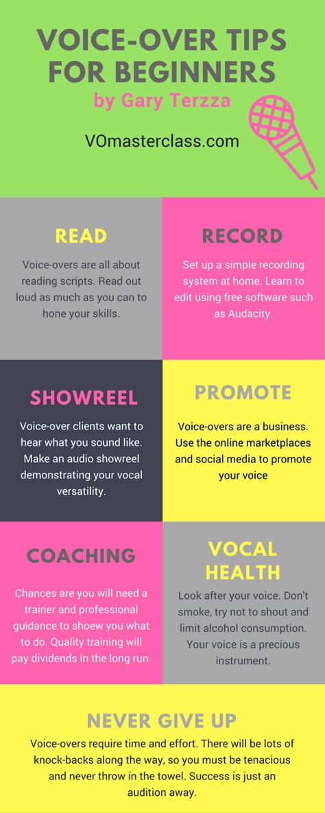 Voice-Over tips for beginners infographic. Act Tips And Tricks, Film Acting, Singing Techniques, Learn Singing, Acting Lessons, Vocal Lessons, Beginners Makeup, Acting Tips, Singing Tips