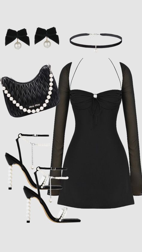 Fancy Black Dress Outfit, Black Birthday Party Outfit, Pearls And Black Dress, Black Dress With Pearl Detail, Black Dress And Pearls, Luxury Date Night Outfit, Black And Pearls Outfit, Pearl Outfit Classy, Black Dress Jewelry Ideas