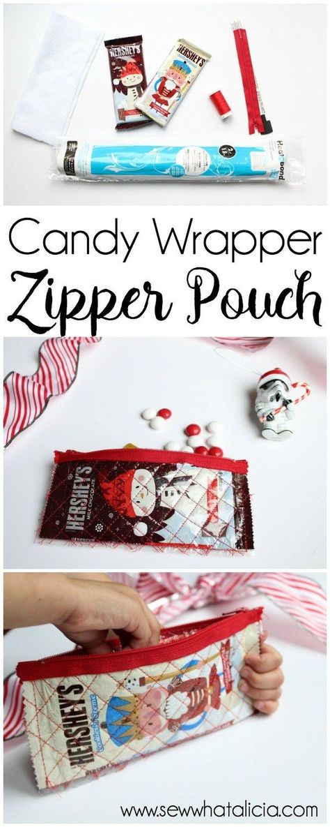 Iron on Vinyl Candy Wrapper Zipper Pouch Tutorial :  Use your candy wrappers to create a fun zipper pouch! These will make great stocking stuffers, fill them with candy or toys! Click through for the full tutorial. | www.sewwhatalicia.com Ideas For Sewing, Zipper Pouch Tutorial, Pouch Sewing, Candy Wrapper, Pouch Tutorial, Gift Wrapper, Bag School, Candy Wrappers, Wrapping Ideas