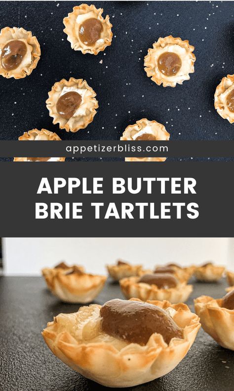 This easy Apple Butter Brie Tartlet recipe is ready in just minutes. Use premade phyllo shells, creamy brie, and apple butter (or applesauce). Perfect quick appetizer for company, parties, or the holidays! Vegetarian. Apple Butter Brie, Brie Tartlets, Brie Tarts, Apple Butter Muffins, Easy Apple Butter, Phyllo Shells, Creamy Brie, Quick Appetizer, Slow Cooker Apple Butter