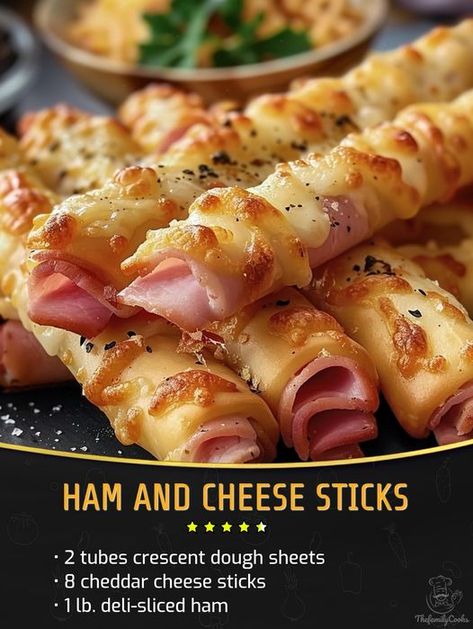 Kylie Recipes | Crescent Rolls Filled with Ham and Melted Cheese | Facebook Cheese Sticks Recipe, Slider Sandwiches, Crescent Dough, Sliced Ham, Family Cookbook, Slider Recipes, Delicious Snacks Recipes, Finger Food Appetizers, Ham And Cheese