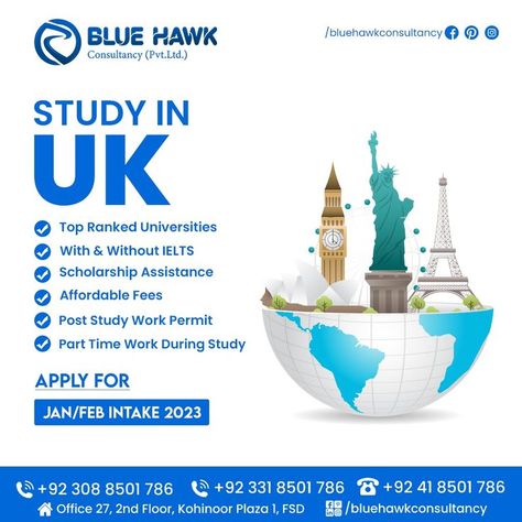 Apply for your UK study visa with our experts, so Hurry Up! - Complete consultancy about study in UK Feel Free to Contact us: Call / WhatsApp: +92 332 8501 786 +92 309 8501 786 +92 41 8501 786 Or visit our website: bluehawk.pk Or visit our office: Office # 27, 2nd Floor, Kohinoor Plaza One, Jaranwala Road, Faisalabad, Pakistan Uk Study Visa, About Study, Study In Uk, Office Office, Call Whatsapp, 2nd Floor, Study Abroad, Pakistan, University