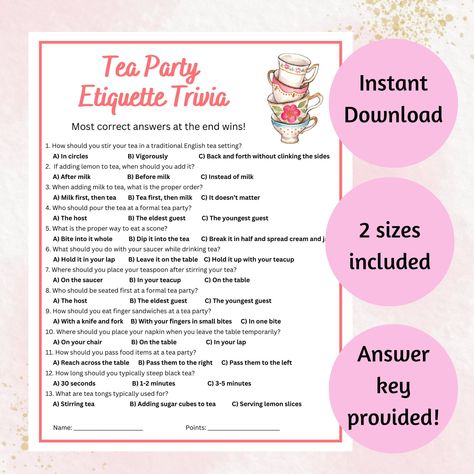 Add this Tea Party Etiquette Game to your next tea party or bridal shower. Impress your friends and family with this printable, and have fun at the party!  -1 answer key included - 2 Sizes to pick from (8.5 x 11 or print 2 sheets on 1 page)  - Print on 8.5x11 inches paper/ card stock Note: you cannot edit the files HOW IT WORKS 1)Purchase template 2)Wait for payment to be processed which should be instant 3)Log into your Etsy account, download the pdf file 4)Print as many copies as you like MATE High Tea Party Games For Adults, Tea Etiquette Printable, Ladies Tea Party Games, Tea Party Trivia Free Printable, Tea Party Games For Women, Tea Party Bridal Shower Games, Tea Party Etiquette, Tea Party Bingo, Bridal Garden Party