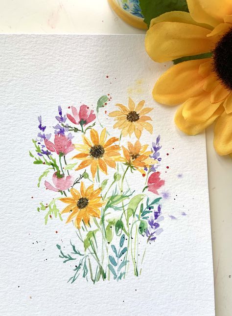 Small Watercolor Flowers, Watercolor Sunflowers, Watercolour Sunflower, Simple Watercolor Sunflower, Sunflower Watercolor, Sunflower With Watercolor, Sunflower Watercolour Painting, Water Painting Sunflower, Loose Sunflower Watercolor Painting