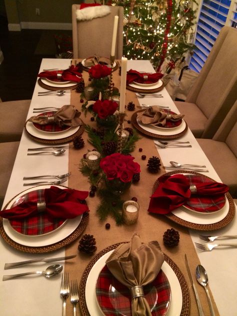 Christmas Eve dinner at my house . Table setting, traditional, preppy, tartan, deer, candles, mercury glass, red roses, kate spade, world market. created by Jessica Bechtel, Naples, FL Event planner and designer #ralphlauren #williamsonoma #tartan #potterybarn Tartan Table Setting, Christmas Eve Table Setting, Tartan Christmas Table, Plaid Plates, Christmas Dining Table Centerpiece, Christmas Dining Table Decor, Christmas Eve Dinner, Christmas Dining Table, Christmas Dinner Table