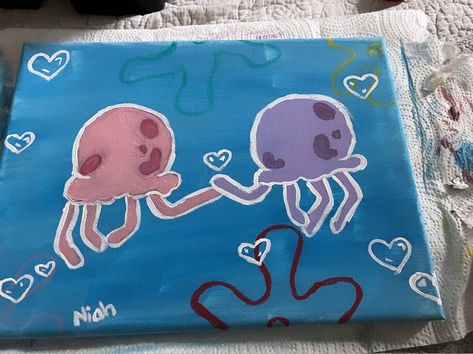 Spongebob Jellyfish Painting, Spongebob Jellyfish, Barbie Bday, Spongebob Drawings, Jellyfish Painting, Spongebob Painting, Couple Painting, Sand Painting, Oil Pastel Art