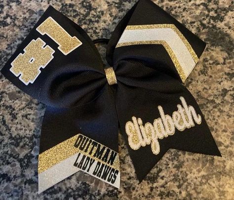 Softball bow in your custom colors/ Year on cheer bow/ Name on cheer bow/ Senior bows/ gold and black bows. Player bows for team. by lovelydesignsbyL on Etsy Cheer Bow Design Ideas, Basketball Cheer Bows, Black And Gold Cheer Bows, Competition Bows, Sideline Cheer, Sublimated Cheer Bows, Softball Bow, Custom Cheer Bows, Glitter Cheer Bow