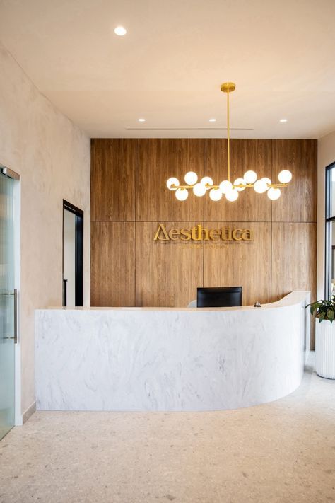 Beautiful Reception Area, Office Reception And Waiting Area Design, Commercial Waiting Area, Medspa Reception Area, Business Reception Area, Dermatologist Clinic Interior Design, Medspa Lobby, Hotel Reception Design Luxury, Skin Clinic Reception