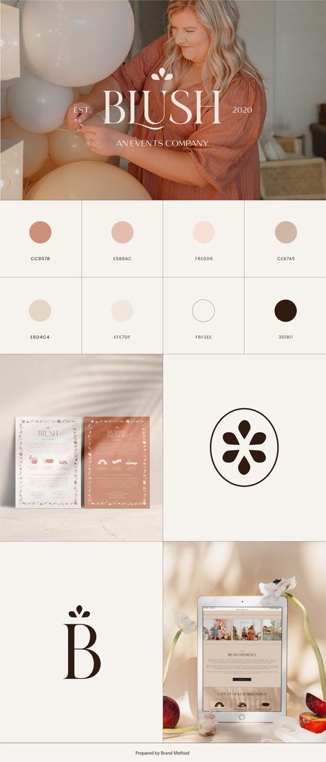 Dusty Pink Branding, Blush Pink Branding Color Palettes, Feminine Website Color Palette, Blush Branding Board, Brand Color Palette Feminine, Modern Feminine Branding Color Palette, Balloon Company Logo, Feminine Brand Board, Minimal Color Palette Brand Identity