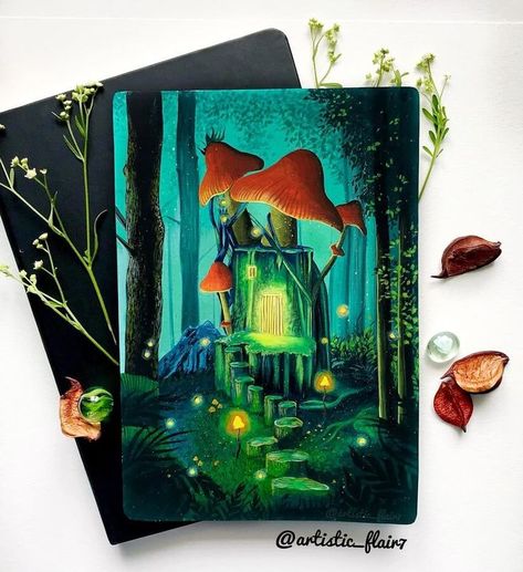 Gouache Watercolour Art Painting. Magical Paintings, Watercolor Art Paintings, Glowing Art, Gouache Art, Fantasy House, Fantasy Paintings, Watercolour Art, Diy Canvas Art Painting, Mini Canvas Art