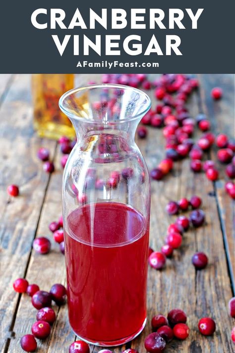 Homemade Cranberry Vinegar combines fresh or frozen cranberries and white wine vinegar – creating this tart vinegar that’s perfect for fall and holiday salads. Family Feast Recipes, Cranberry Vinaigrette, Feast Recipes, Infused Vinegars, Outdoor Cooking Recipes, Holiday Salads, White Balsamic, White Balsamic Vinegar, Marinade Sauce