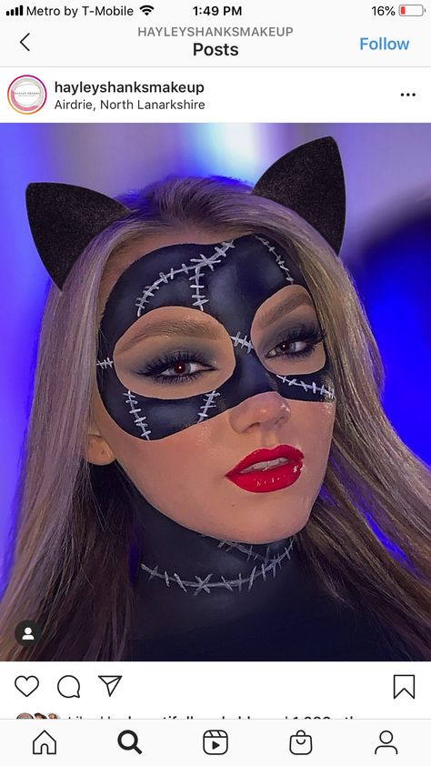 Cat Woman Makeup Halloween, Catwoman Makeup Halloween, Halloween Makeup Looks 2022, Diy Cat Woman Mask, Cat Woman Makeup, Cat Eye Makeup Halloween, Cat Woman Mask Makeup, Catwoman Makeup, Batman Makeup