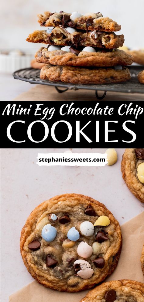 Easter Choc Chip Cookies, Mini Egg Cookies Chewy, Mini Egg Cookies Recipe, Large Chocolate Chip Cookies, Easter Chocolate Chip Cookies, Cookies No Chill, Mini Egg Cookies, Cadbury Mini Eggs, Mini Eggs Cookies