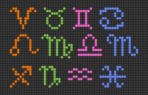 Gemini Pixel Art, Pixel Art Zodiac Signs, Zodiac Pixel Art, Libra Star Constellation, Planet Symbols, Cross Stitch Skull, Zodiac Pattern, Pisces And Taurus, Zodiac Aries