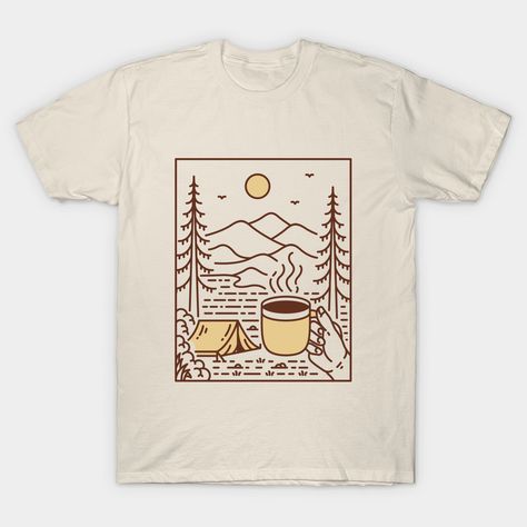 Coffee Camp and Nature 1 is a monoline illustration that is suitable for apparel or merchandise about coffee, drink, caffeine, beverage, espresso, barista, cappuccino, americano, camping, camp, nature, outdoors, adventure, travel, holiday. -- Choose from our vast selection of Crewneck and V-Neck T-Shirts to match with your favorite design to make the perfect graphic T-Shirt. Pick your favorite: Classic, Boxy, Tri-Blend, V-Neck, or Premium. Customize your color! For men and women. Coffee Shop Merch, Coffee Shop Shirt, Monoline Illustration, Barista Shirt, Merch Ideas, Coffee Poster, About Coffee, Coffee Company, Graphic Apparel