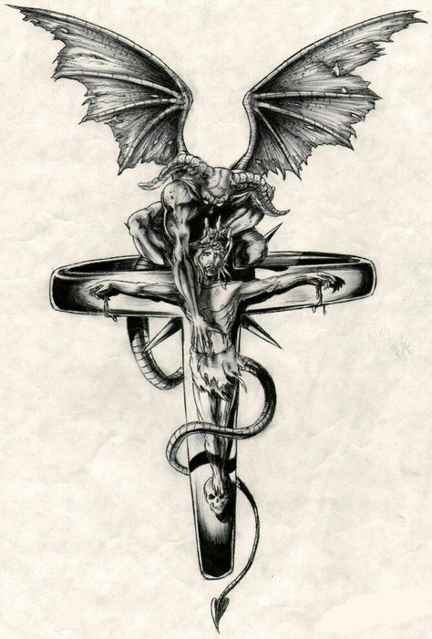 Cross With Snake, Satanic Tattoo Design, Angel Demon Tattoo, Angel Devil Tattoo, Satanic Cross, Satanic Tattoos, Mens Tattoos, Dark Tattoos, Evil Tattoos