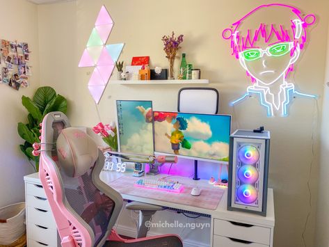 Pastel Pink Pc Setup, Simple Pink Gaming Setup, White And Pink Pc Build, White Pc Setup, Aesthetic Pink And White, Genshin Room, Pc Gaming Setup Aesthetic Pink, Pink Anime Gaming Setup, Desktop Ideas