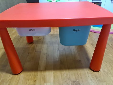 A red IKEA Mammut table with two IKEA trofast trays slot in underneath. Ikea Mammut Hack, Mammut Ikea Hack, Ikea Mammut Table Hack, Ikea Mammut Table, Mammut Ikea, Mesa Mammut Ikea, Mammut Table, Ikea Mammut, Mammut Ikea Hack Kid Table