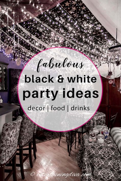 Throw a chic and stylish black and white themed party with these black and white party decor decorations, food, and drink ideas. Black And White Christmas Party Theme, Black And White Party Ideas Birthdays, Black And White Cocktail Party Decor, Black And White 40th Birthday Party, Black And White New Years Eve Party, Dress Decoration Ideas, Black And White Birthday Theme, Black And White Party Ideas, Black And White Party Theme