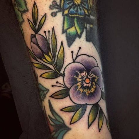 Violet gap filler for Cameron Neo Traditional Morning Glory Tattoo, Neo Traditional Flowers, Pheasant Tattoo, Cute American Traditional Tattoo, American Traditional Flowers, Violet Flower Tattoo, Pansy Tattoo, Violet Flower Tattoos, Fleurs Art Nouveau