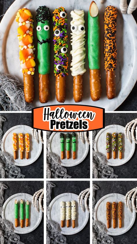 Chocolate-covered pretzel rods decorated as mummies, Frankenstein, candy corn, monsters, witch fingers, and Halloween sprinkles. Halloween Dipped Pretzels Rods, Pretzels Halloween Treats, Halloween Pretzel Ghosts, Halloween Party Pretzels, Halloween Pretzel Sticks Dipped, Halloween Themed Pretzels, Pretzel Halloween Ideas, Halloween Witch Finger Pretzels, Chocolate Covered Pretzel Sticks Halloween