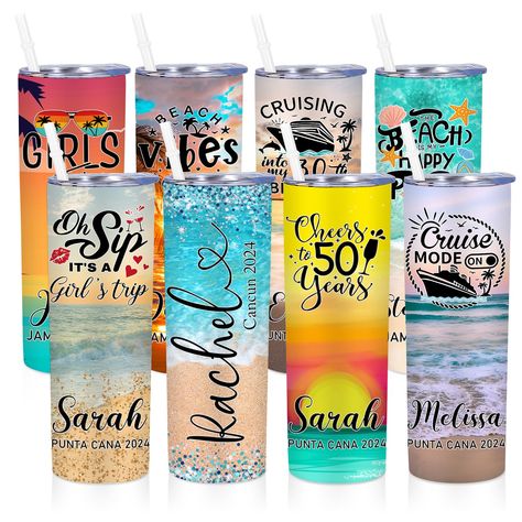 PRICES MAY VARY. 【Custom Travel Coffee Tumbler with Name】Are you still looking for a surprise and practical birthday or holiday gift? I believe that our personalized skinny tumblers with lids and straws are a great choice. Design your custom vacation tumblers just by clicking the "Customize Now" button, and entering the name or text. Our personalized cruise tumblers make great cups for your next Cruising Vacation! Whether for a family cruise, girls trip cups, girls weekend trip, cruise trip, bac Cruise Tumblers, Vacation Tumbler, Cruise Gifts, Cruise Trip, Girls Tumbler, Girls Vacation, Bachelorette Trip, Beach Birthday, Family Cruise