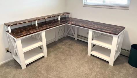 Rustic Corner Desk, Wood Craft Desk, Homemade Computer Desk, Farmhouse Computer Desk, L Shaped Craft Desk, Homemade Office Desk, Diy Corner Desk With Storage, Diy Two Person Desk, Rustic Office Decor Ideas