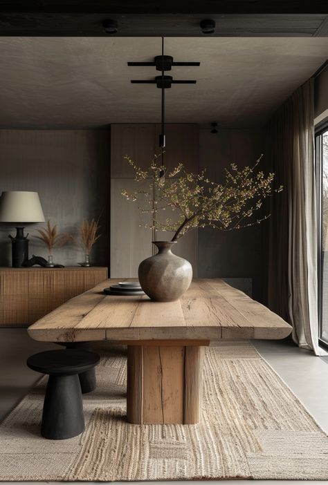 40 Rustic Dining Room Ideas To Inspire You Wood Table Dining Room, Rustic Dining Room Ideas, Japandi Dining Room Design, Japanese Dining Room, Minimal Dining Room, Dining Room Decor Rustic, Reclaimed Dining Table, Dark Dining Room, Dining Room Ideas