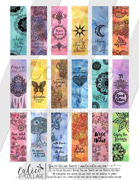 Boho Digital Printable Collage Sheet, 1x3 Inch Images Handmade Bookmarks Diy, Easy Mandala Drawing, Printable Collage Sheet, Creative Bookmarks, Bookmark Craft, Watercolor Bookmarks, Mandala Art Lesson, Mandala Artwork, Diy Bookmarks