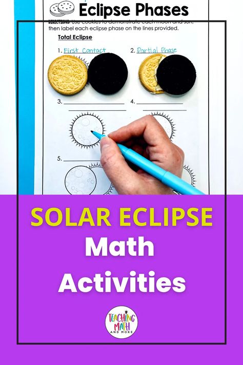 Solar Eclipse Activities for Kids Middle School and Elementary Math. Want to have a Solar Eclipse classroom party? This Solar Eclipse Activities Bundle is perfect for your math classroom. Included in the bundle are math coloring pages, math activities, math worksheets, math printables, math videos, math snacks and more. Solar Eclipse 4th Grade, Solar Eclipse Math Activity, Solar Eclipse Math, Solar Eclipse Classroom, Solar Eclipse Snacks, Solar Eclipse Activities For Kids, Eclipse Snacks, Math Snacks, Eclipse Activities For Kids