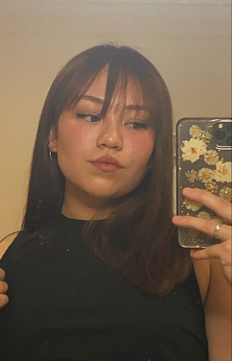 #bangs #fringe #haircut #mirrorselfies Bangs Fringe, Hair Idea, Square Face, Wispy Bangs, Square Faces, Short Hair With Bangs, Dark Brown Hair, Hair Ideas, Brown Hair