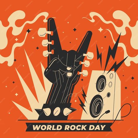 Premium Vector | Flat world rock day illustration with hand showing rock sign Rock Aesthetic Posters, Rock N Roll Design, Punk Rock Illustration, Rock Music Illustration, Rock And Roll Illustration, Rock Band Illustration, Alternative Rock Aesthetic, Rock Graphic Design, Rockstar Design