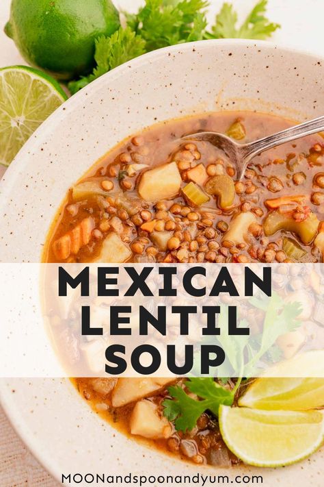 This comforting, Mexican-inspired dish, known as Sopa de Lentejas, is a traditional lentil soup full of rich, hearty flavors. Slow-cooked to perfection, every spoonful warms the soul with its cozy deliciousness! rn Mexican Lentil Soup Recipe, Gluten Free Family Meals, Yum Recipes, Lentil Soup Recipes, Vegetarian Entrees, Lentil Stew, Healthy Comfort Food, Vegetarian Recipes Dinner, Lentil Soup