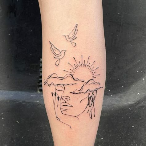 Sunshine And Cloud Tattoo, Sun Peeking Through Clouds Tattoo, Sky Aesthetic Tattoo, Angel Clouds Tattoo, Day Dreaming Tattoo, Sunrise Line Tattoo, Sun Patchwork Tattoo, Pink Clouds Tattoo, Burning Sun Tattoo