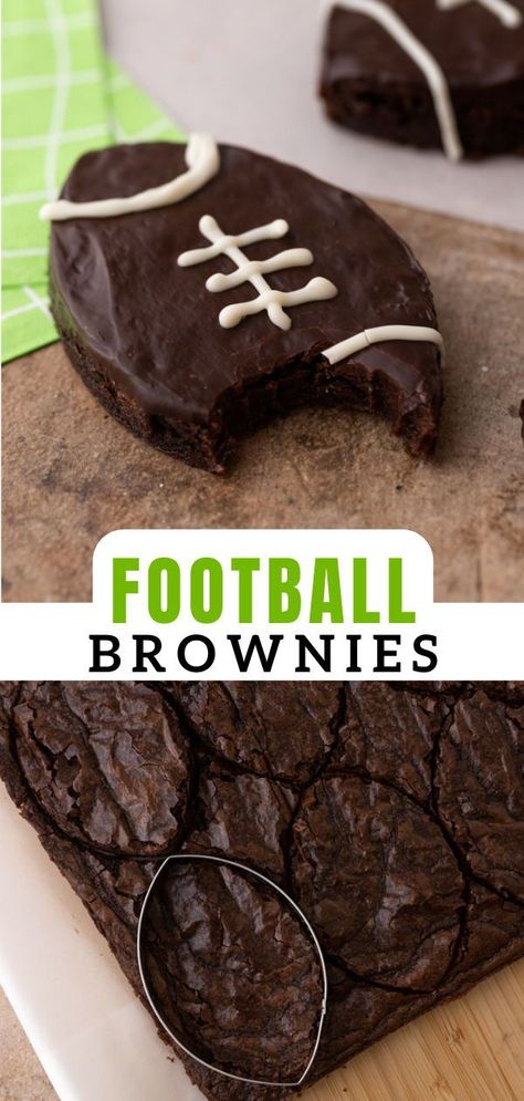 Football Brownies are the perfect themed treats to have at your big game parties this football season! These fun football brownie bites are packed with gooey chocolate chips and topped with vanilla frosting football laces. Skip the chips for your football party this weekend and make these game-day brownies instead! Football Brownies, Football Themed Food, Football Desserts, Football Treats, Superbowl Desserts, Football Party Foods, Superbowl Food, John Russell, Football Parties