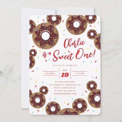 Mickey Mouse | Donut Sweet One - First Birthday Invitation Baby Shower Disney Theme, Disney 1st Birthday, Disney Birthday Invitations, Donut Invitation, Sweet One Birthday, 1 St Birthday, Mickey Mouse First Birthday, Disneyland Birthday, Onederland Birthday Party