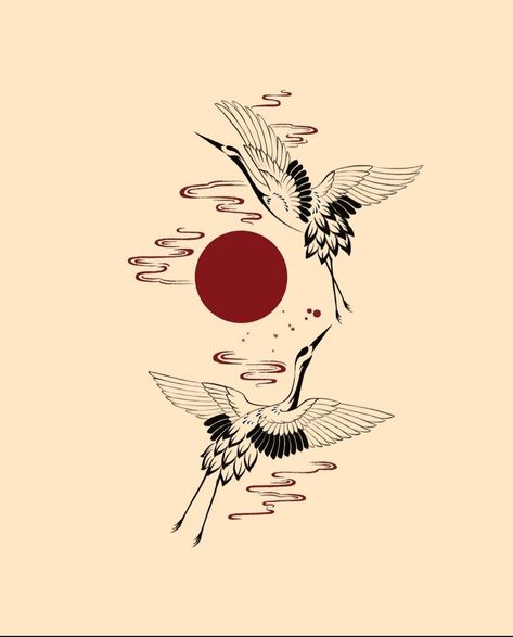 Crane Tattoo Design Ideas, Man Bird Tattoo, 3 Cranes Tattoo, Crane And Dragon Tattoo, Stork Tattoo Japanese, Black Crane Tattoo, Red Sun Tattoo Japanese, Japanese Sunset Tattoo, Two Cranes Tattoo