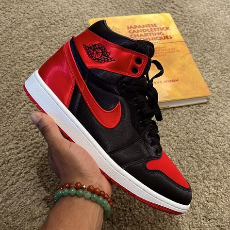 Black/Red Air Jordan 1 Satin Shoes https://whispers-in-the-wind.com/the-best-shoes-every-man-should-own-essential-footwear-guide/?nike-air-jordan-chicago-flip-sneakers-for-women Sneakers Nike Women's, Mens Shoes Jordans, Nice Shoes For Men, Trendy Shoes For Men, Red Shoes Men, Nike Jordan Men, Red Air Jordan 1, Jordans Men, Jordan 1 Red