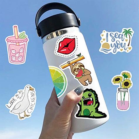 How To Keep Stickers On Water Bottle, Tumbler Stickers Ideas, Water Bottle Stickers Hydro Flask, Water Bottle Stickers Ideas, Places To Put Stickers, Stickers On Water Bottles, Where To Put Stickers, Water Bottle With Stickers, Bright Stickers